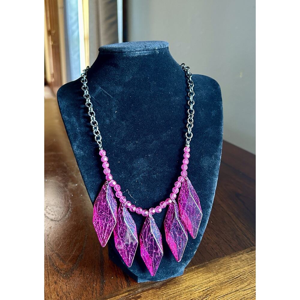 Vtg Purple Resin Crystal Rhinestone Silver Tone Bib Necklace‎ Adjustable Clasp